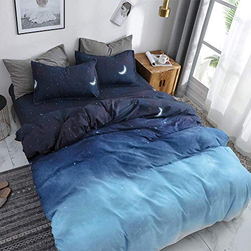 HYPREST 3 Pcs Queen Duvet Cover Set - Moon Star Blue Duvet Cover Queen- Soft Breathable Durable Duvet Cover Comforter Cover(Not Including Comforter)