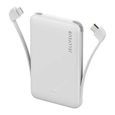 JELLYSUB 5000mah Mini Portable Charger Power Bank with Built-in Cables, Ultra Compact Slim External Battery Pack, Portable Phone Charger for iPhone, Ipad, and Samsung USB C Phones etc