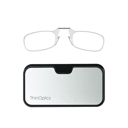 ThinOptics Universal Case and Readers Rectangular Reading Glasses, Silver Black Metal Pod with Clear Frames, 2