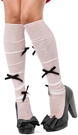 Benefeet Sox Womens Girls White Sheer Knee High Socks Novelty 3D Bows Mesh Lace Knee High Stockings Cute Lolita Socks Gifts