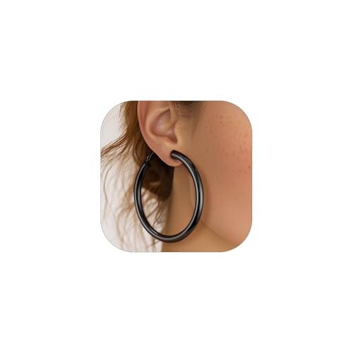 Stainless Steel Chunky Hoop Earrings For Women, Minimalist and Chic, BlackGold Plated, Round Hoops Earrings Hypoallergenic, Size: 30mm40mm60mm80mm, Come with Box