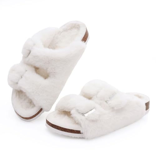 KIDMI Fuzzy Slippers Women with Cork Footbed Fluffy Slides Open Toe Indoor House Shoes | Arch Support | Adjustable Buckles