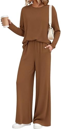 KIRUNDO Spring 2 Piece Lounge Sets for Women Long Sleeve Ribbed Knit Tops Wide Leg Pants Matching Travel Outfits Postpartum