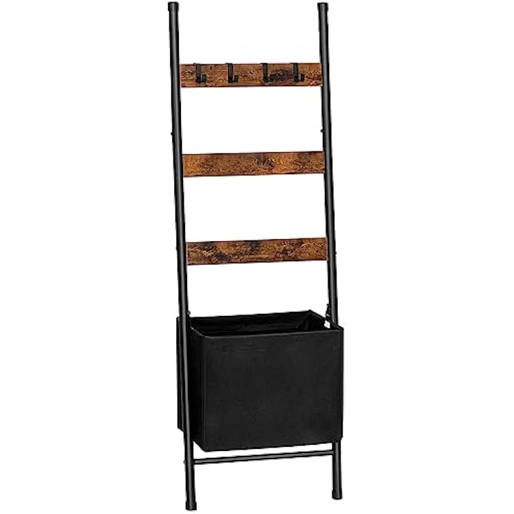 HOOBRO Blanket Ladder with Basket, 17.3L x 63.4H, Towel Rack with Hooks, Blanket Holder Rack, Decorative Ladder Shelf, Drying and Display Rack for Bathroom, Living Room, Rustic Brown BF31CJ01