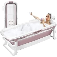 Saterkali Portable Bathtub,Large 51'in Foldable Collapsible Tub for Adult,Ultimate Relaxing Soaking with Thermal Cover, Massage Roller, Hollow Hand Holes Space Saving Design for Homes Apartments Pink
