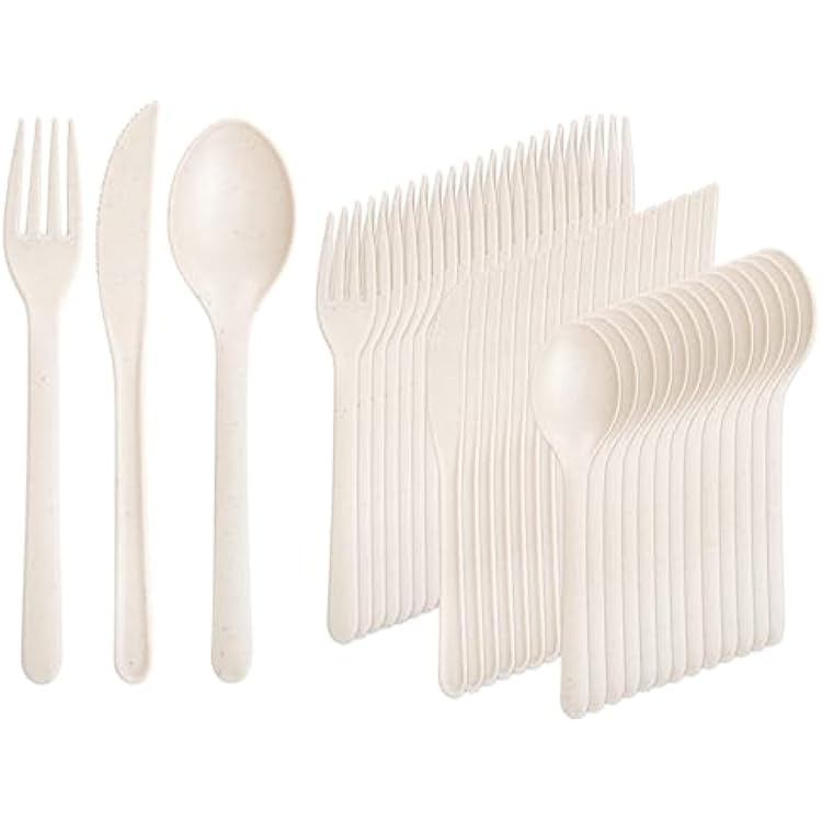 Supernal 180pcs Heavy Duty, Reusable Wheat Straw Silverware - 180pcs Plastic Forks and Spoons, Dishwasher Safe, Beige Color for Party, Birthday, Wedding