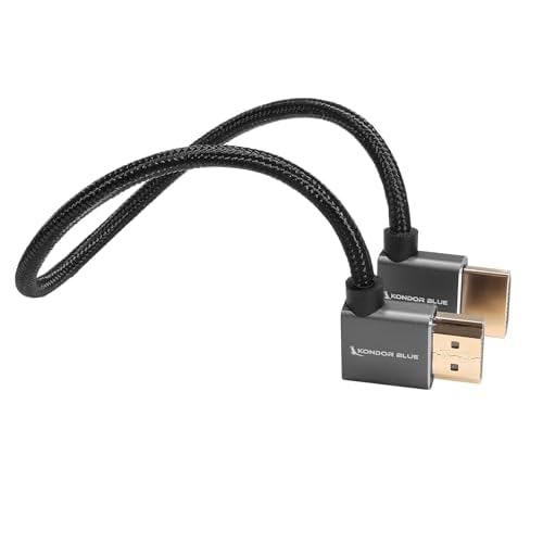 KONDOR BLUE | Full HDMI 2.0 Right Angle to Left Angle 12 Cable | Type A Male to Male, 4K 60Hz 18Gbps HDR 3D, Low Profile | for On-Camera Monitors & Recorders  More | Black