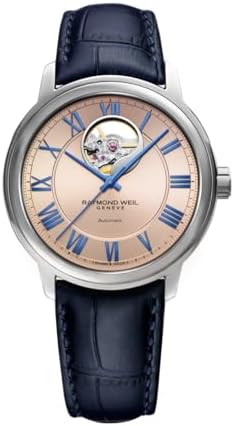 Raymond Weil Maestro Mens Automatic Watch, Visible Balance Wheel, Salmon Pink Dial, Roman Numerals, Stainless Steel, Blue Leather Strap 40mm Model: 2227-STC-00808
