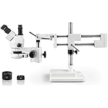 VS-5FZ-IFR07 Simul-Focal Trinocular Zoom Stereo Microscope,10x WF Eyepiece,0.7X-4.5X Zoom,3.5X90x Magnification,0.5X & 2X Auxiliary Lens, Double Arm Boom Stand, 144-LED Ring Light