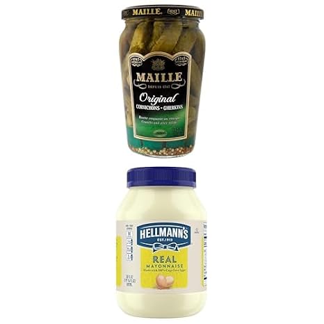 Maille Cornichons 7.3oz & Hellmann's Real Mayo 30oz Bundle - Gourmet Garnish & Creamy Spread