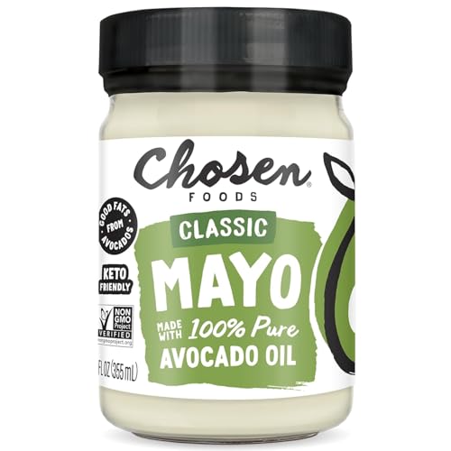 Chosen Foods Classic Mayo, 12 Fl Oz - 100% Pure Avocado Oil-Based Mayonnaise - Non-GMO, Gluten-Free, Keto Friendly - 355mL Glass Jar Pack Of 1