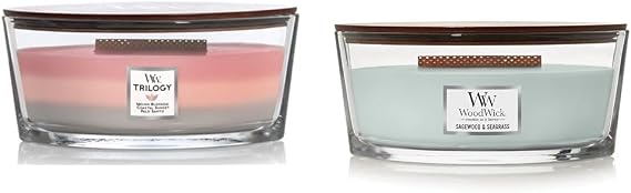 Woodwick Ellipse Candle Shoreline Trilogy 16oz + Sagewood & Seagrass 16oz Candles Bundle