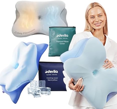 Derila Ergo Cervical Neck Pillow Bundle with Thermal & Cooling Covers Contour Memory Foam Pillow for Back & Side Sleepers, Neck Support Pillow Set (3-Piece Set)