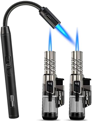 2 Pack Torch Lighters and 1 Pack Butane Lighter Long Stem, Adjustable Single Flame and Visible Fuel Tank