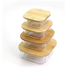 Orret Home Vacuum Glass Storage Container Set with Bamboo Lid – Round, Square and Rectangular Food Storage Container – Airtight Glass Natural Wooden Lid for Breakfast and Kitchen Layout (Square, 1000 Ml)