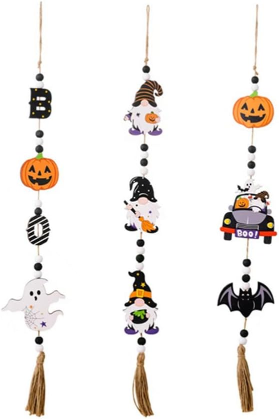3 pcs Halloween Door Hanging Decor,Wooden Hanging Horror Ornaments with Pumpkin/Witch/Ghost/Bat for Home,Party & Front Door Decoration