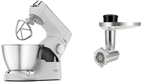 Kenwood Titanium Chef Baker XL, Kitchen Machine with K-Whisk, Stand Mixer with Kneading Hook, Whisk and 5L Bowl, KVC65.001WH, Power 1400W, White & KAX950ME Food Mincer Attachment