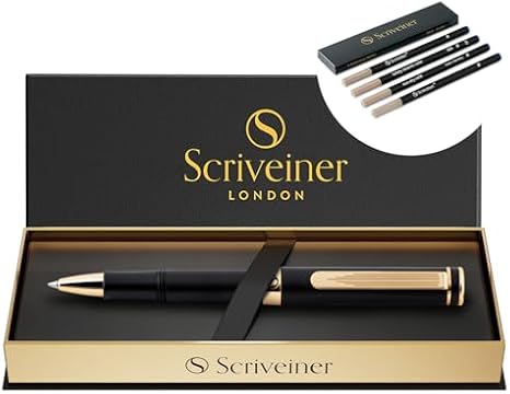 Scriveiner Black Rollerball EDC Luxury Pen, Stunning Pocket Pen, Real Gold Plating, bundle with Rollerball Refill Blue Broad - 4 Refills in one box