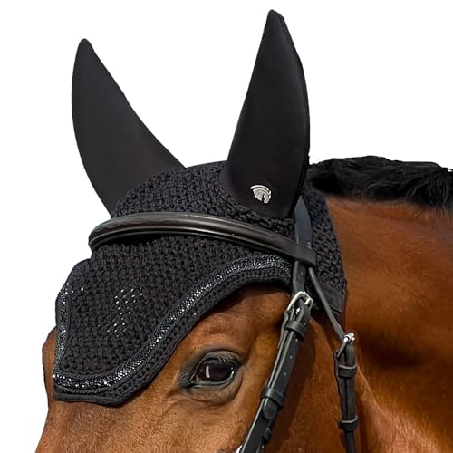 Plughz Horse Sound Off Ear Net, Soundless Bonnet Black with Rhinestones