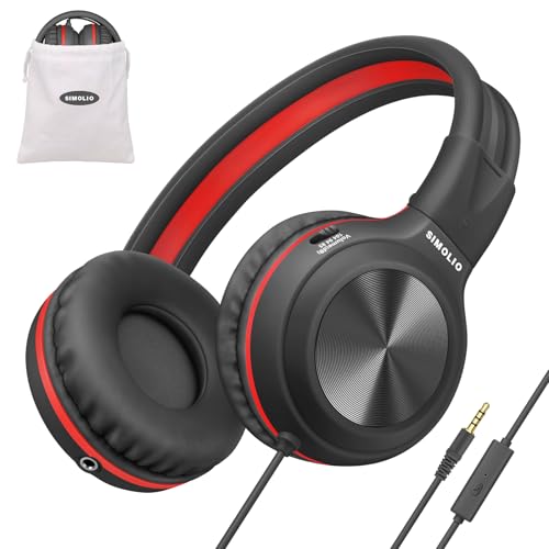 SIMOLIO Kids Wired Headphones with Microphone, Boys Headphone with Volume Limiter & Share Jack, Headset with Cord for School, Laptop, Tablet, PC, Airplane, Teens, Adults Black