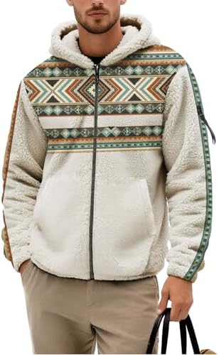 Mens Azetc Print Western Hoodie Winter Vintage Ethnic Warm Fleece Full Zipper Sweatshirt Fashion Crop Jacket
