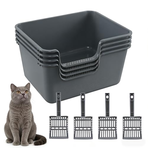 4 Packs Litter Boxes with High Sides, 19.6 Lx15.35 Wx8.6 H Multi Cat Litter Pan for Kitty, Litter Box for Big Cats, Anti-Splashing, Easy to Clean Grey