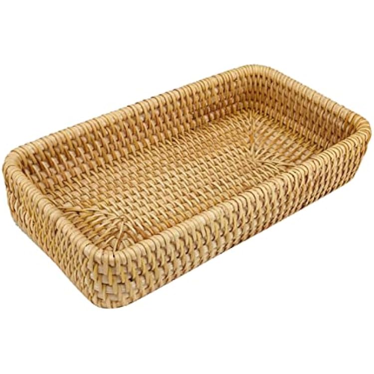 Rattan Serving Tray, Basket Organizer Tray, Rectangle Tabletop Breakfast Drinks Snack Fruit Storage Platter Handwoven Wicker Tray for Table, Coffee, Home Decor Small