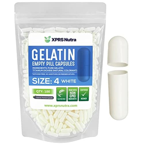 XPRS Nutra Size 4 Empty Capsules - 100 Count Small Empty Gelatin Capsules - Pills DIY Capsule Filling - Fillable Pure Bovine Pill Gel Caps for Do-It-Yourself Supplements White