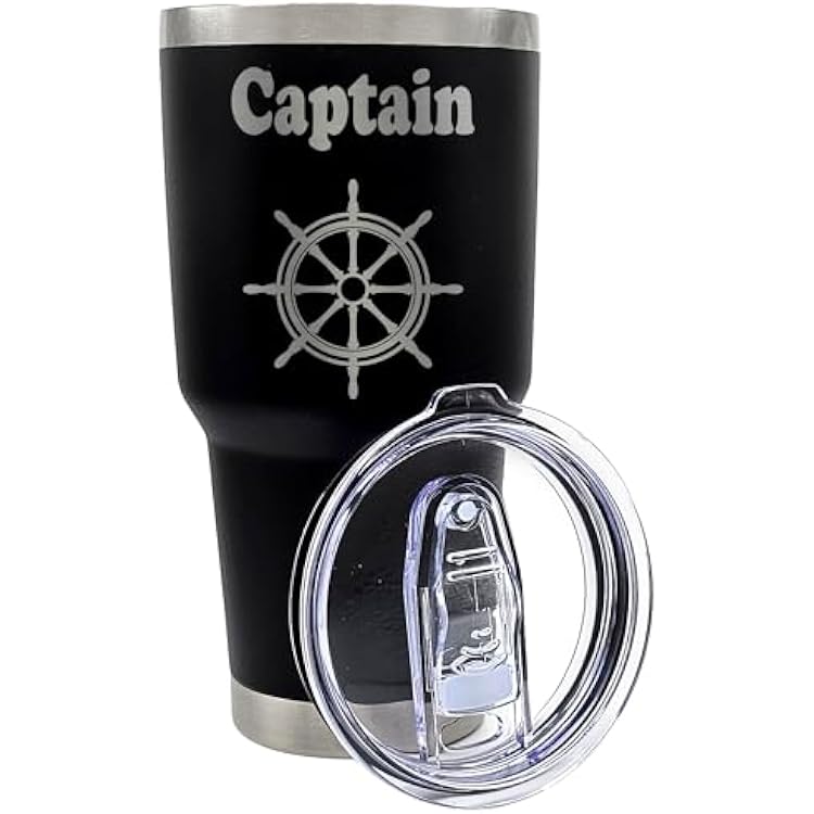 Palm City Products Premium 30 oz Captain Theme Black Tumbler with Slider Lid - Insulated Travel Mug Engraved with Ships Helm for Captain Gifts, Boat Lovers, Boaters, Nautical Enthusiasts