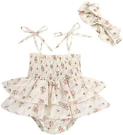 KMBANGI Newborn Baby Girl Summer Romper Dress Sleeveless Floral Elasticated Bust Ruffle Jumpsuit with Bow Headband