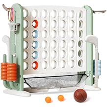 Ancaixin Giant 4 in-A-Row Connect Game Set, Adjustable Height Jumbo Yard Game with Basketball Hoop, Golf, Mesh Pocket & Ring Toss, Indoor Outdoor Family Backyard Party Game for Kids and Adults, White