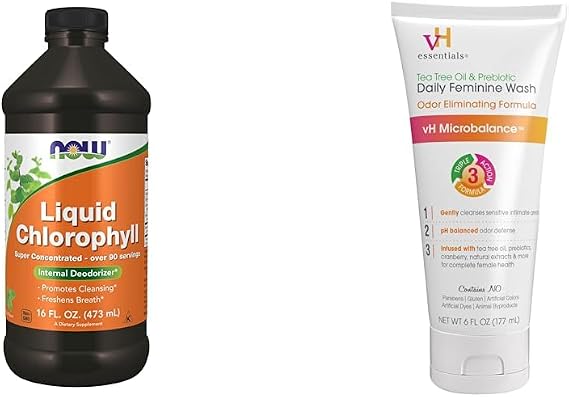 NOW Supplements, Liquid Chlorophyll, Super Concentrated, Internal Deodorizer*,Boost Energy & vH Essentials, Ph Balanced Daily Feminine Wash, Tea Tree Oil & Prebiotic, 6, Fl Oz, (Pack of 1)