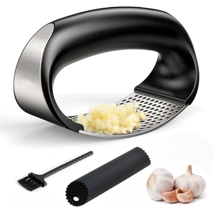 Garlic Press Rocker,New Stainless Steel Garlic Mincer Garlic Crusher Set,3-in-1 Garlic Crusher,Peeler with Cleaning Brush,Easy Squeeze Rocker Design for Smashing Garlic Kitchen Gadget