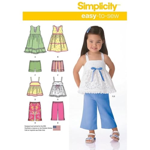 Simplicity 1451 Easy to Sew Toddler Girls Dress, Top, Cropped Pants, and Shorts Sewing Patterns, Sizes 12-4