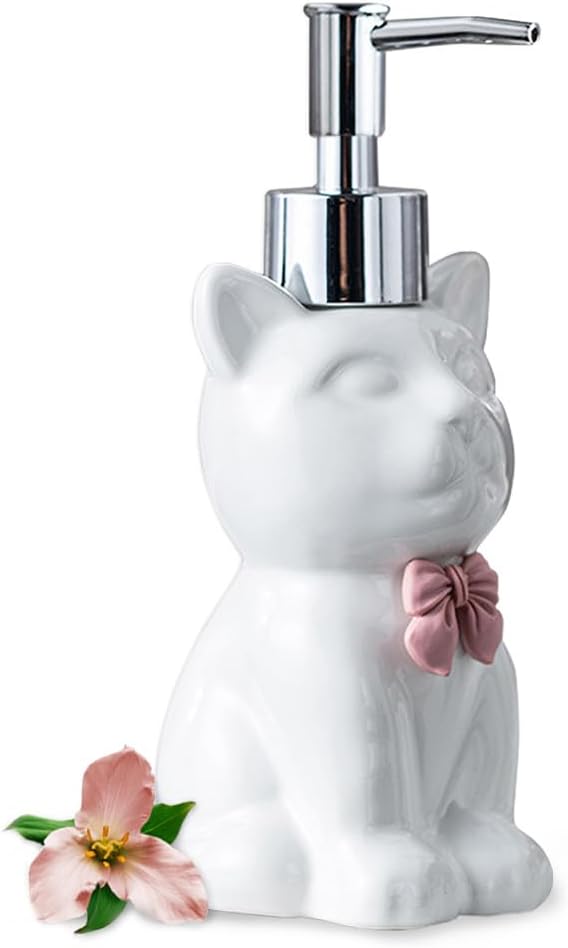 Cute Cat Ceramic Soap Dispenser Designed with Pink Bowa(White)