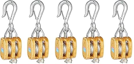 C0616900111 6" Double Wood Manila Rope Block with Hook, 2500 lbs Load Capacity, 3/4" Rope, 3-1/2" Sheave (5)
