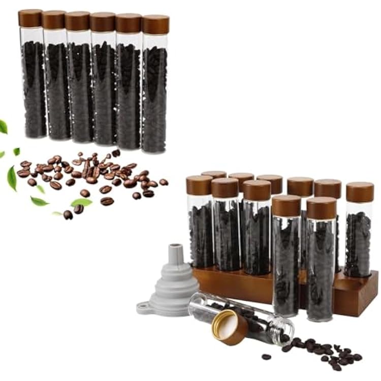 Coffee Bean Storage Tubes Set 12pcs 60ml & 6Pcs 80ml Airtight Glass Coffee Bean Container with Bamboo Lids & Walnut 12-Slot Stand, Espresso Storage Tubes with Funnel & Labels for Barista