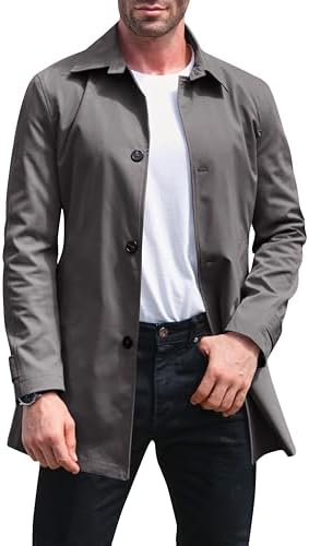 Makkrom Mens Trench Coat Single Breasted Casual Spread Collar Windbreak Jacket Long Classic Business Overcoat