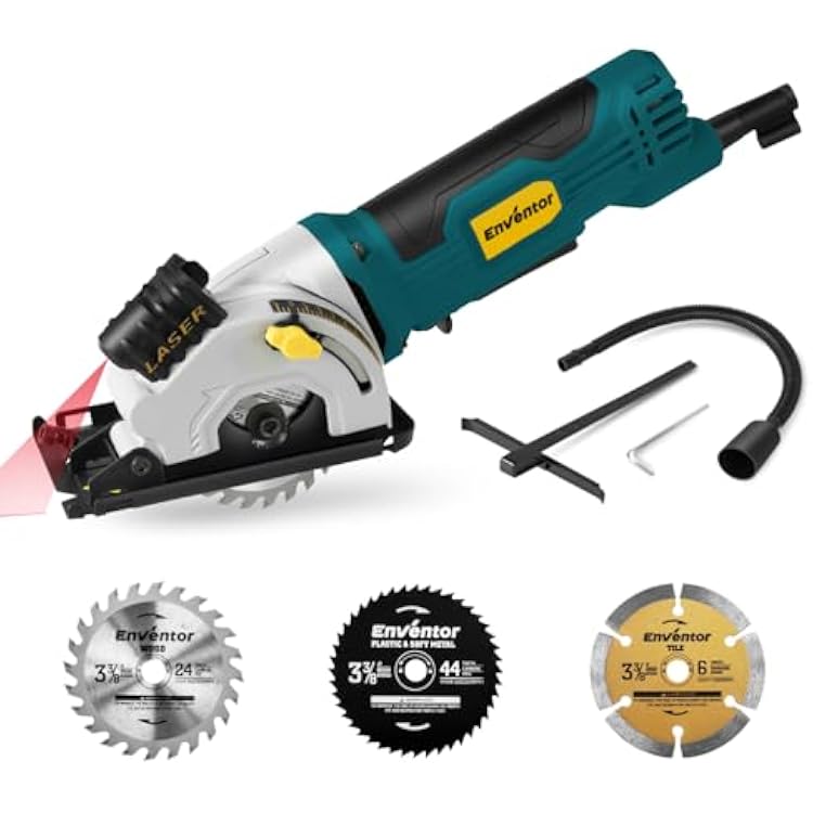 Enventor Mini Circular Saw, 4.8A Electric Circular Saws Corded with Laser Guide, 4000RPM, 3 Saw Blades 3-38 Max Cutting Depth 1-116, Compact, Power for Wood, Soft Metal, Tile, Plastic