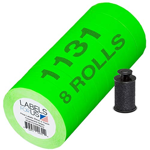 Labels for Monarch 1131 Labeler - Green - 20,000 Labels - Pack with 8 Rolls - Ink Roller Included - Made and Delivered by Labels for Us