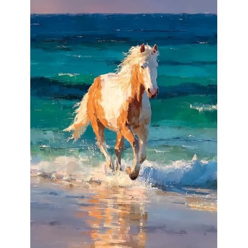 Stamped Cross Stitch Kits for Adults, Riderless Horse On Beach Cross Kits for Adults, Easy Counted Cross Kits for Beginners, 4050cm