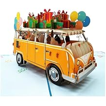 3D Pop-Up Birthday Card, Party Bus with Dogs, Gifts & Balloons Design, Handmade, 15 x 20 cm
