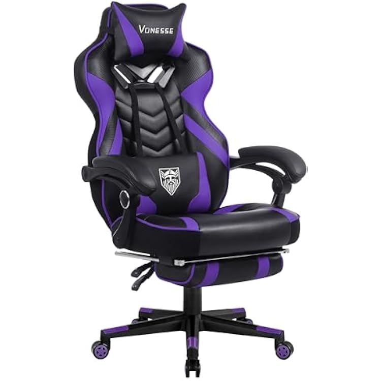 Vonesse Gaming Chair, Big and Tall Gaming Chair with Footrest and Massage, Gaming Chairs for Adults with Lumbar Support, Ergonomic High Back Computer Chair with Pocket Spring Cushion PurpleBlack
