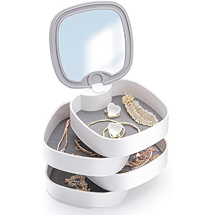 Paffenery Upgraded Jewelry Box, 4 Layer Rotating Jewelry Organizer Storage Box, Earring Holder Travel Jewelry Case Small Necklaces Ring Jewelry Box Organizer with Mirror White