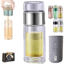 Tryteava Glass Infuser, Tryteava 3-in-1 Smart Tea Infuser, Double Glass Tea Infuser Bottle with Filter & Lid, Portable 3-in-1 Tea Maker for Loose Leaf, Hot or Cold Ready (Grey, 420ml)