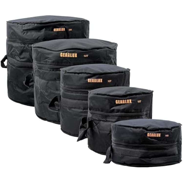 Gearlux 5-Piece Drum Bag Set with 10mm Padding for 10 Tom, 12 Tom, 14 Tom, 14 Snare, and 22 Bass Drum
