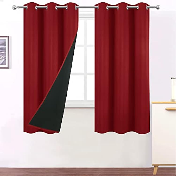 LEMOMO Red Curtains 40 x 63 Inch Length 100% Blackout Curtains 2 Panels with Black LinerDouble Layer Full Room Darkening Curtains for Living Room