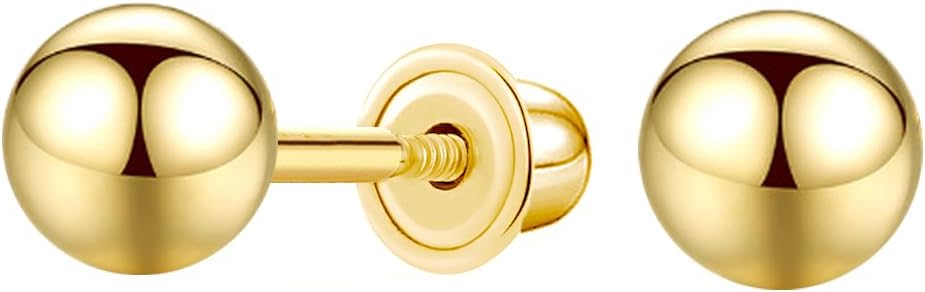 14k Gold Ball Stud Earrings with Solitaire Round Cubic Zirconia in Secure Screw-back Design