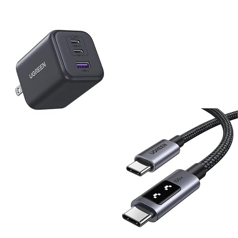 UGREEN 45W GaN 3-Port Fast Charger + 100W USB-C to USB-C Fast Charge Cable (6.6 ft) Universal PD/PPS Super-Charge Bundle for Laptop, Phone & Tablet