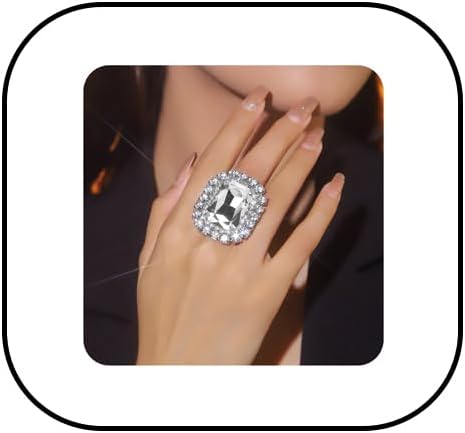 FUTIMELY Shiny Rhinestone Ring for Women Bohemian Thick Big Elliptical Geometry Ring Adjustable Crystal Band Ring Wedding Party Prom Ring for Women (White1)